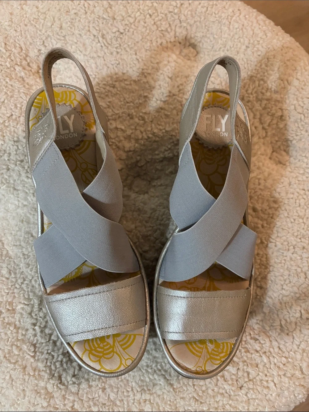 Fly London Yaji cross strap open toe wedge platform sandals silver metallic 39 8